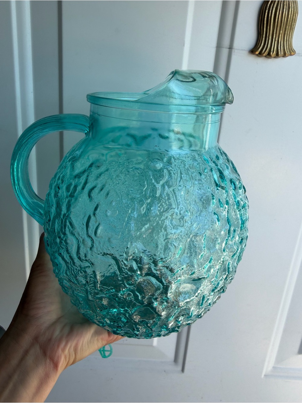 Vintage ANCHOR HOCKING Lido Milano AQUAMARINE BLUE CRINKLE Glass PITCHER
